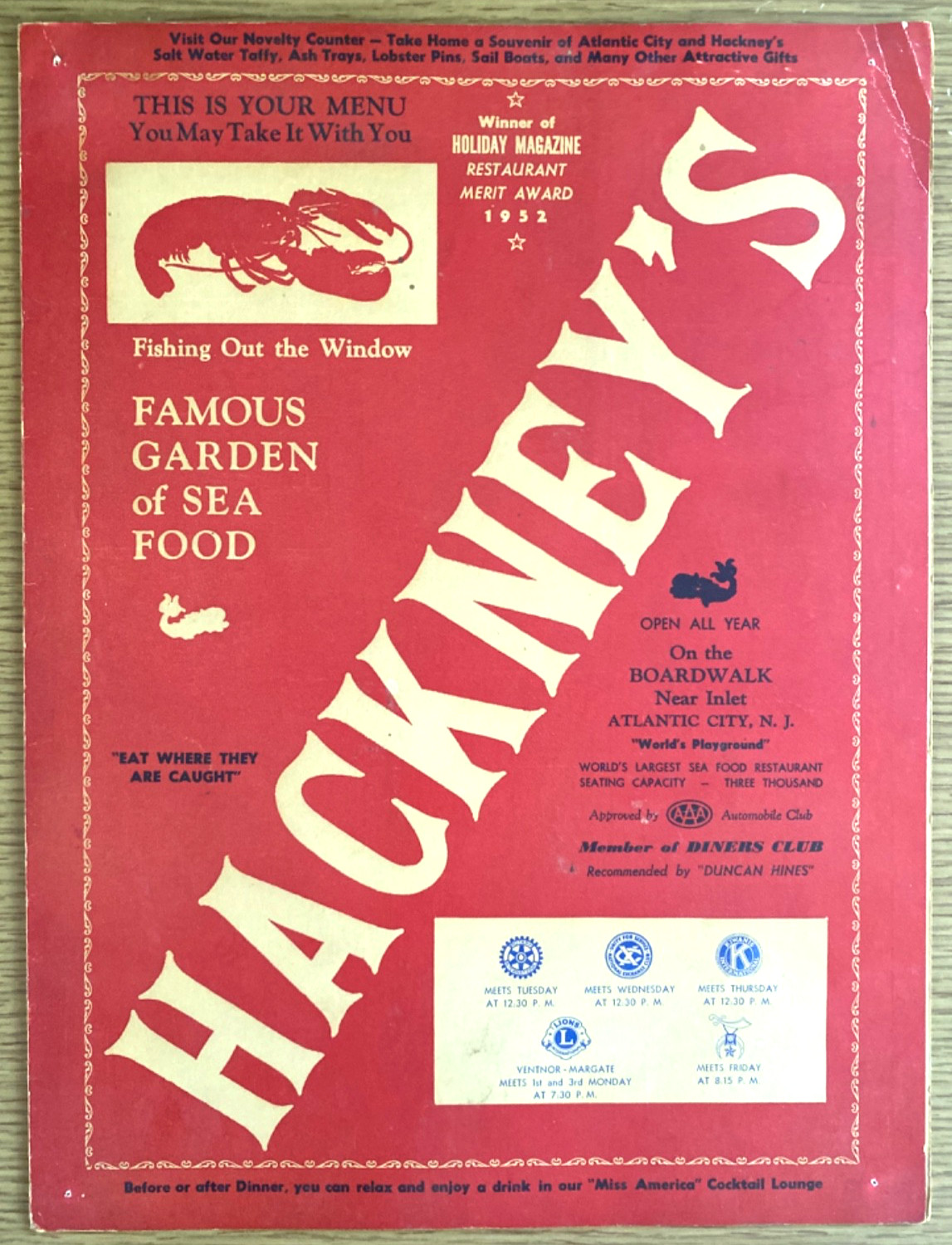 1952 HACKNEY'S vtg Boardwalk seafood restaurant menu ATLANTIC CITY, NEW JERSEY