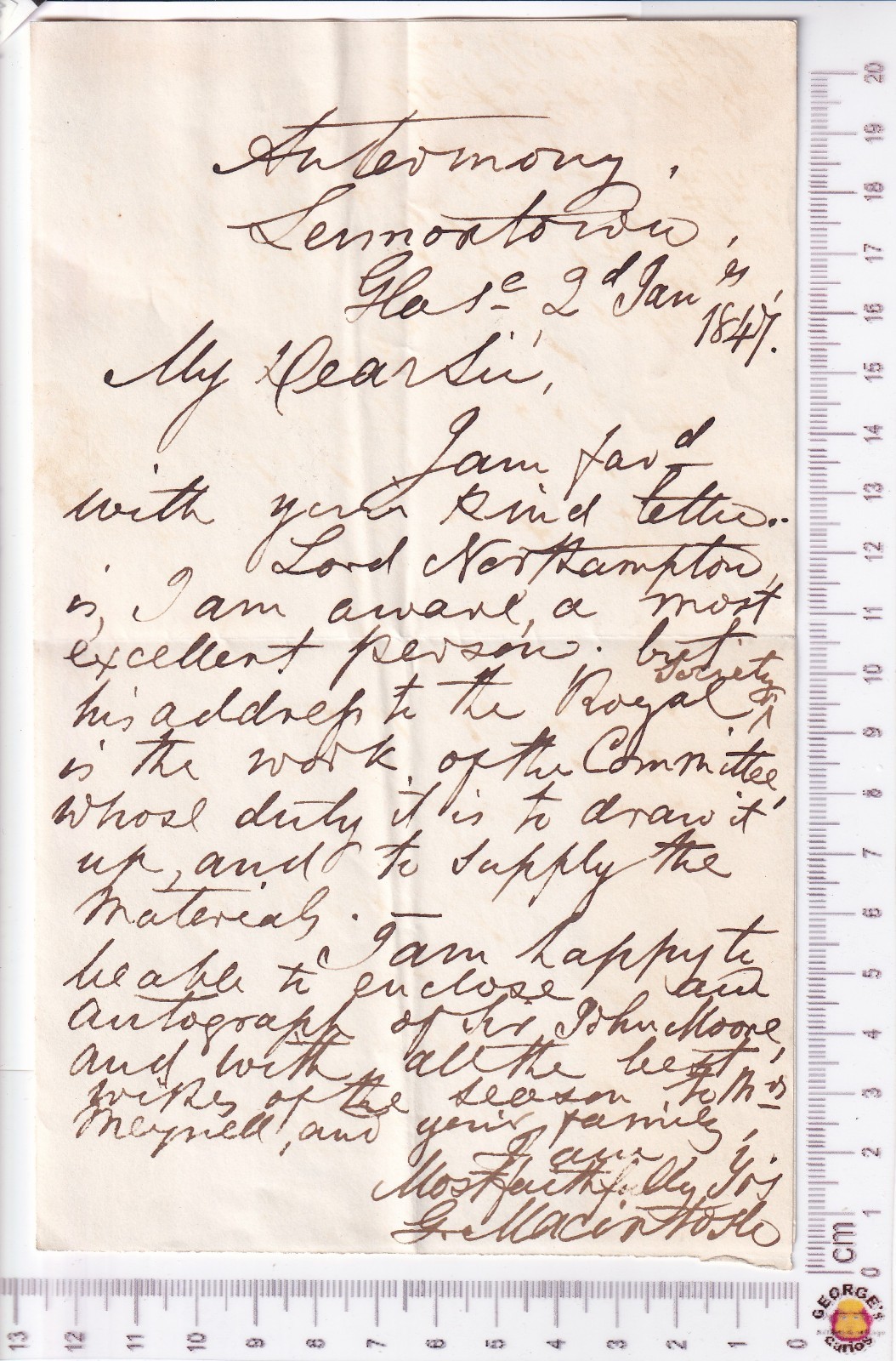 1847 Charles Macintosh Jr 1p ALS Antermony Lennoxtown Sir John Moore Autograph
