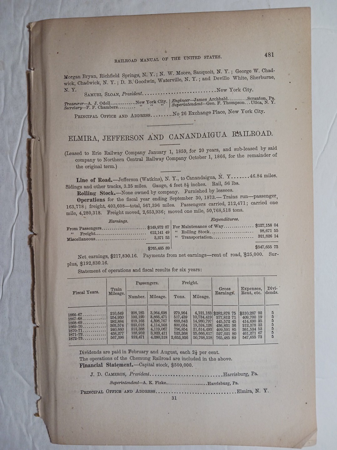 1875 Train Report ELMIRA JEFFERSON & CANANDAIGUA RAILROAD Watkins New York 