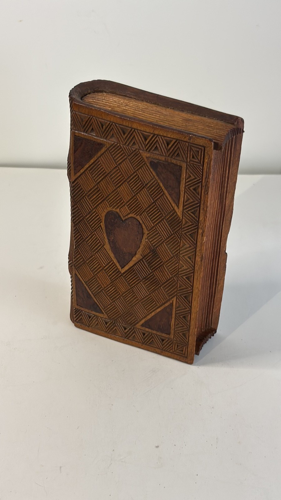 Vintage Hand-Carved Wooden Book Box with Heart Motif and secret compartment Vintage Hand-Carved Wooden Book Box with Heart Motif and secret compartment