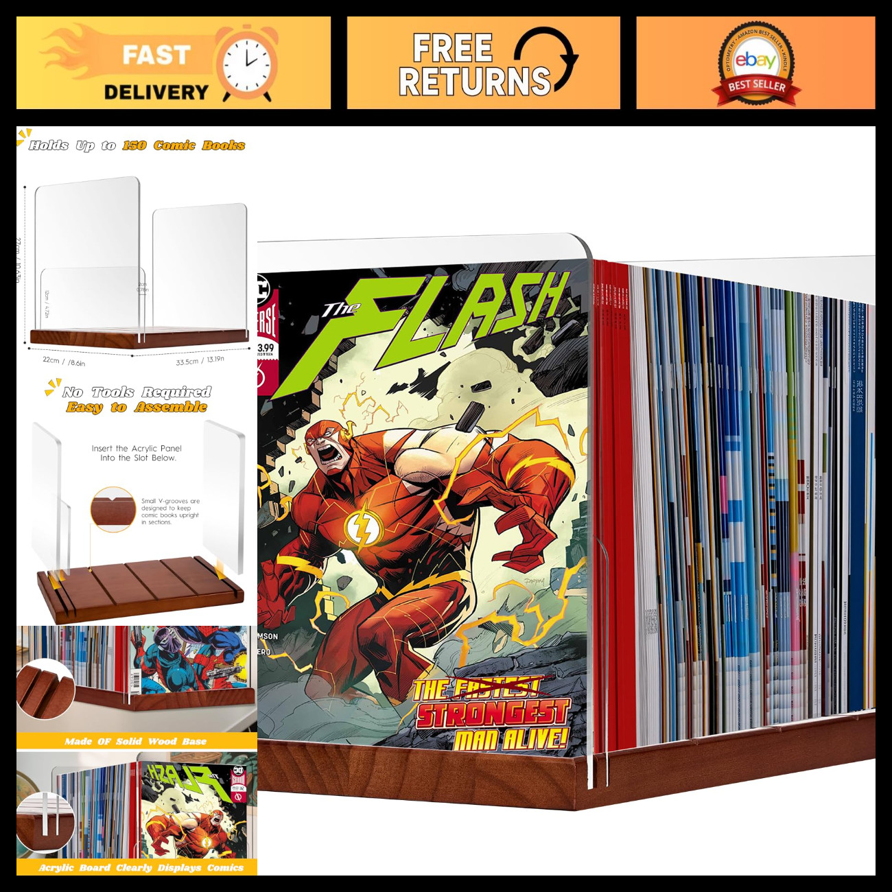 Comic Book Storage Box with Acrylic Dividers - Holds 150 Comics, Organizer Bin