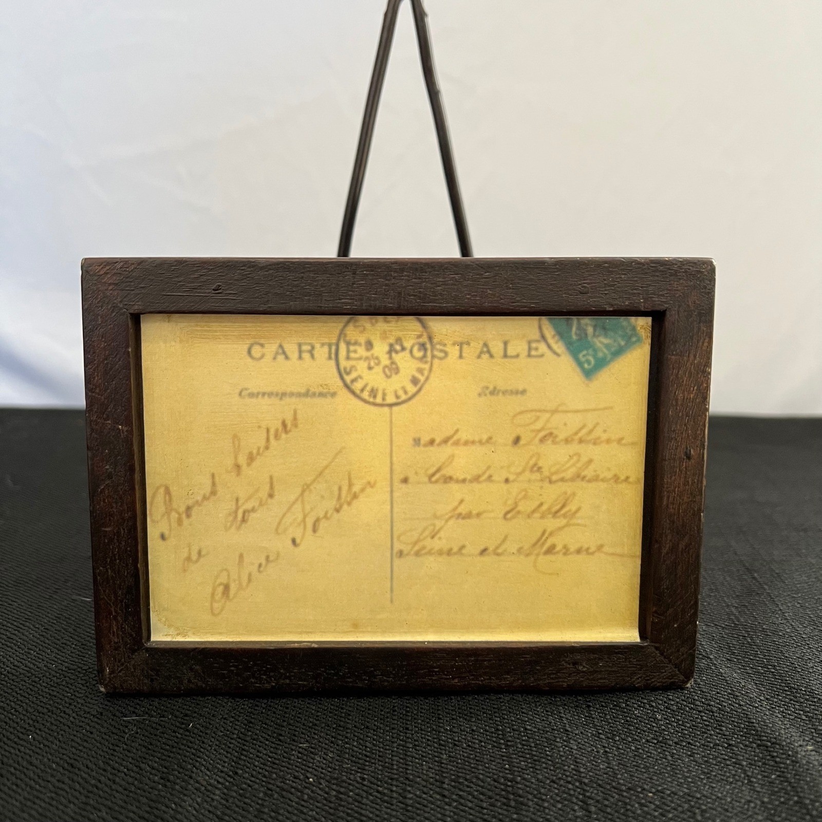 Antique 1909 French Postcard Framed in Wood with Built-in Wire Stand Decor