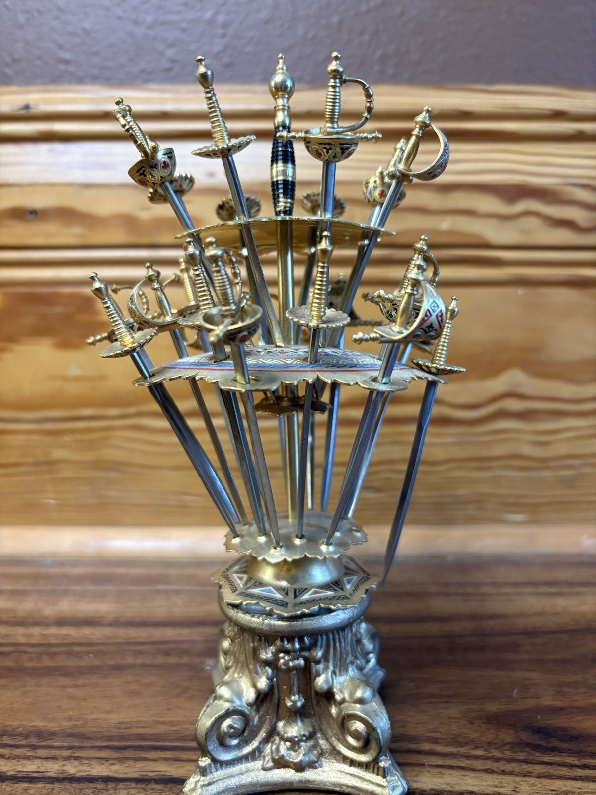 Vintage Toledo Spain brass & enamel 24 Sword Cocktail Appetizer Picks w/stand