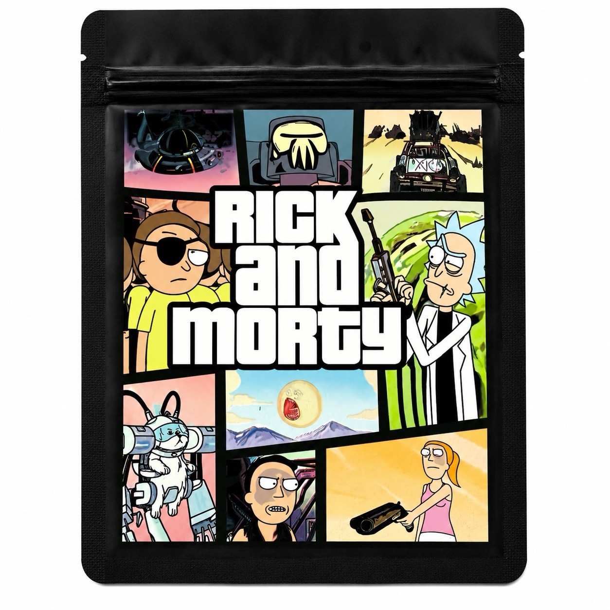 RARE Rick and Morty Grand Theft Auto Style Resealable Mylar Herb Storage Bag