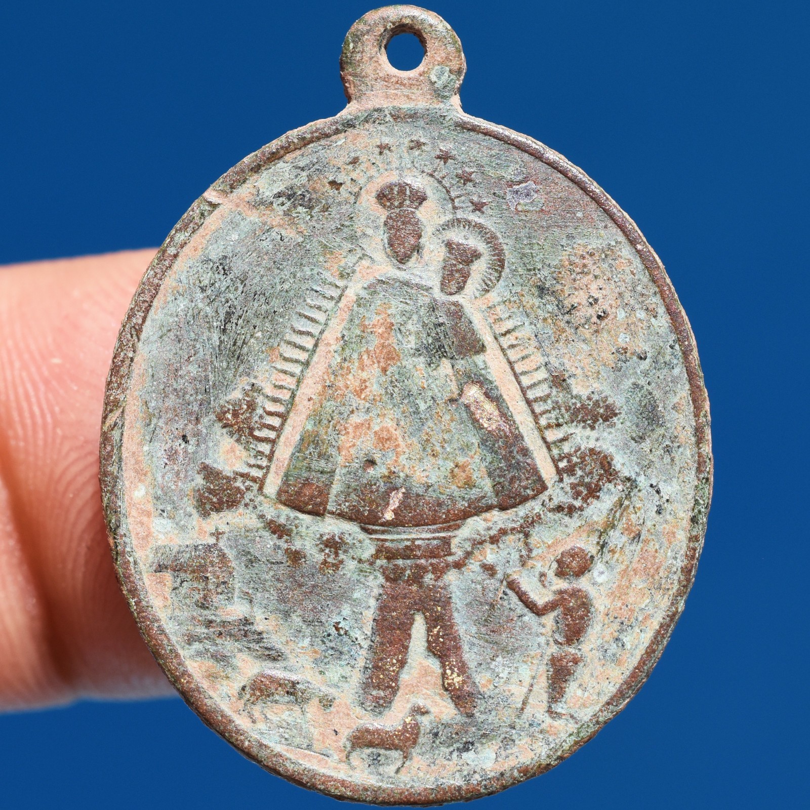 RARE VIRGIN OF CORTES RELIGIOUS MEDAL ANTIQUE 19TH CENTURY PENDANT FOUND
