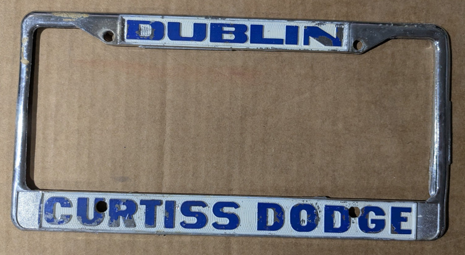 VTG Metal Dublin CA Curtiss Dodge Embossed Dealership License Plate Frame Gas