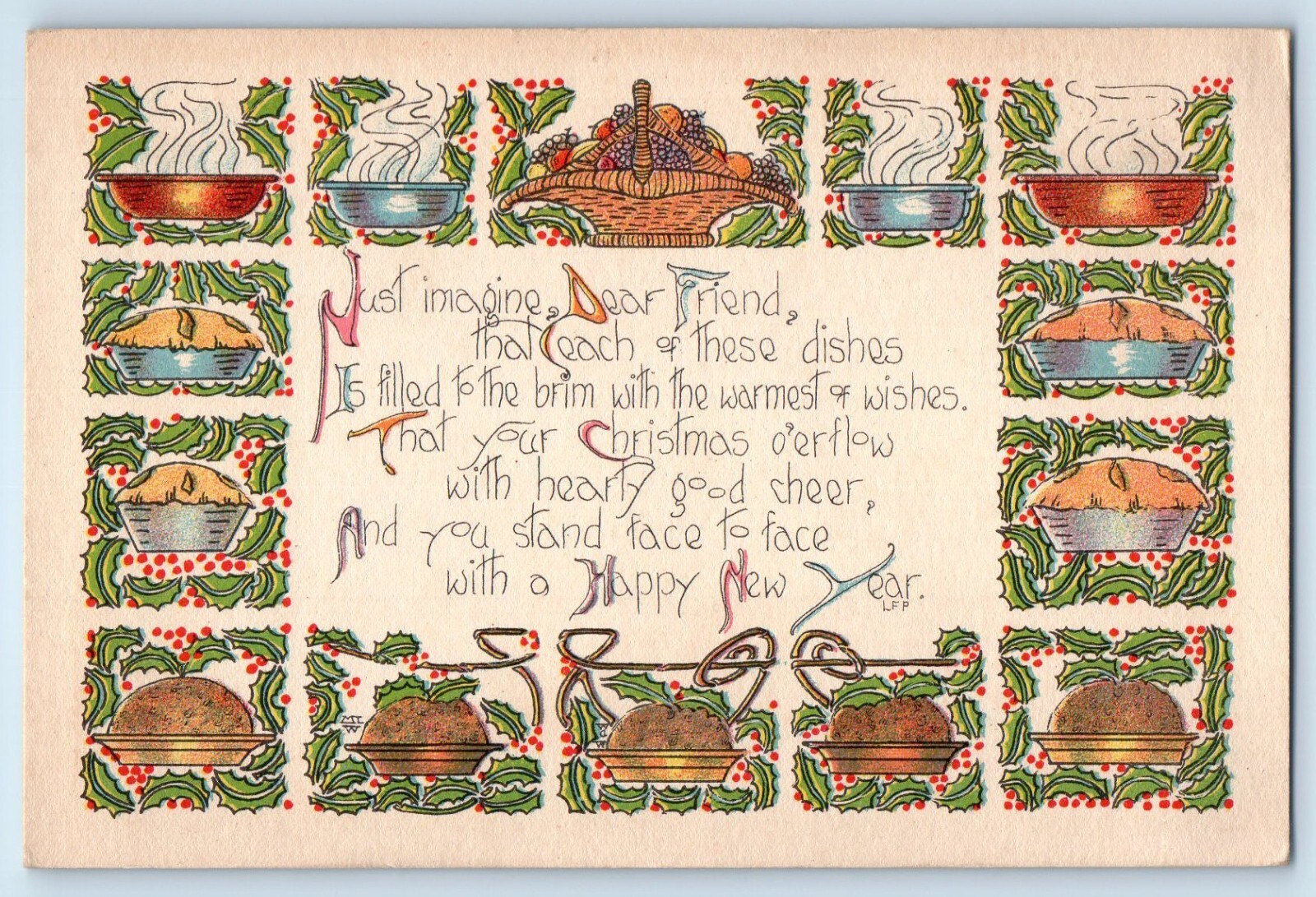 c1910\'s New Year Message Holly Berries Muffin Pie Unposted Antique Postcard c1910\'s New Year Message Holly Berries Muffin Pie Unposted Antique Postcard