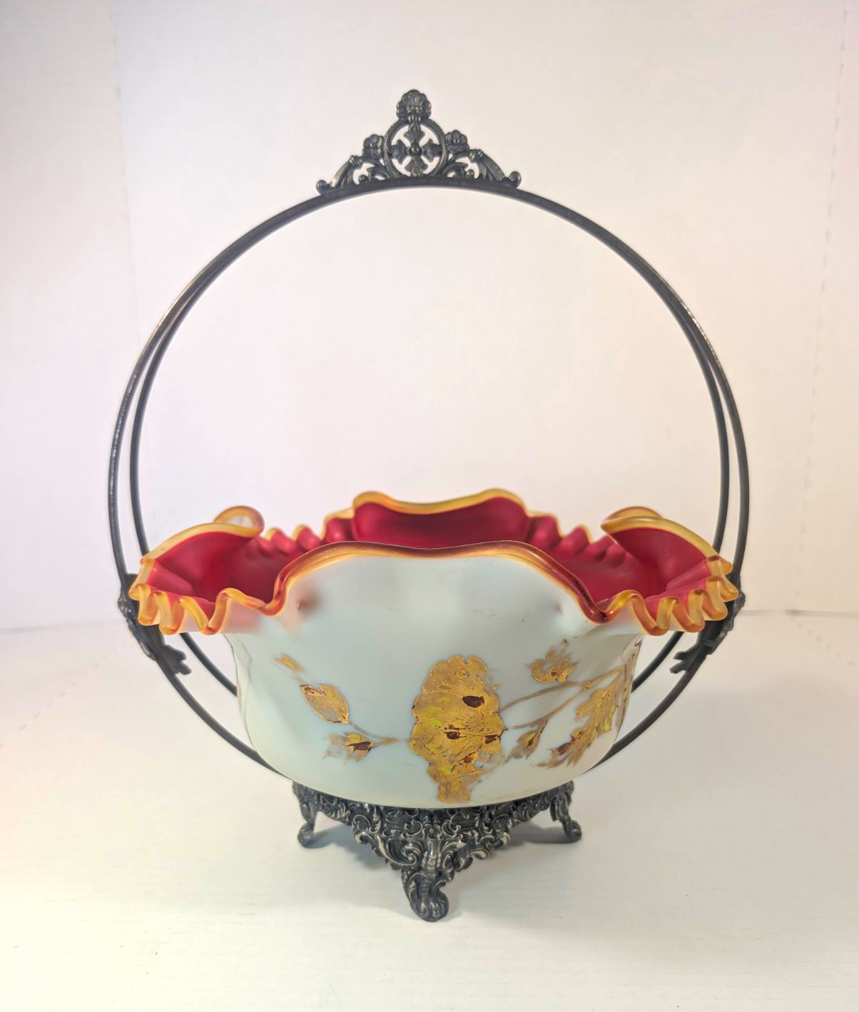 Antique Victorian Porcelain Hand Painted Bridal Basket- Quadruple Plated Stand