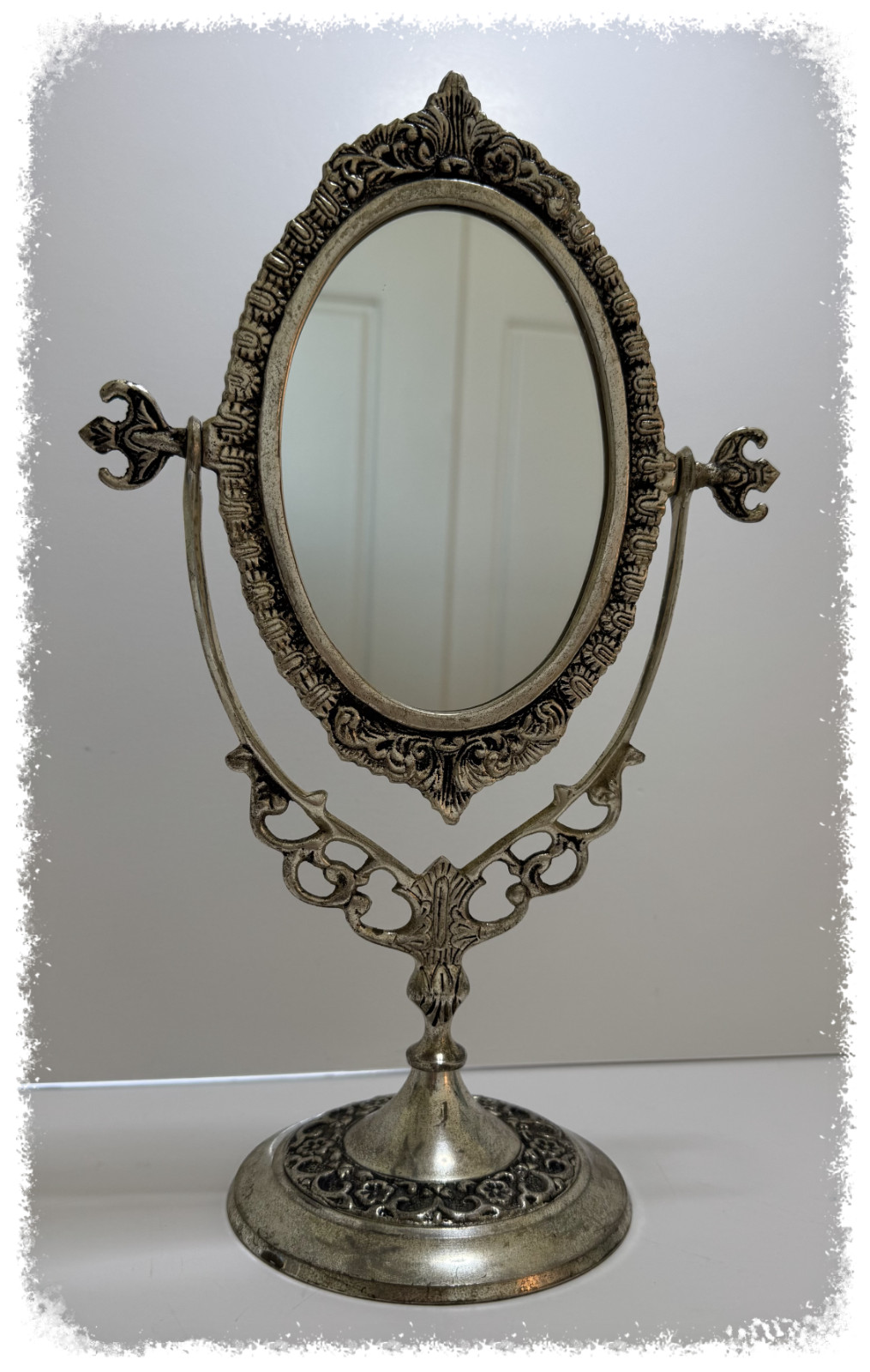 Vintage Ornate Silver Tone Oval Vanity Mirror Tabletop Swivel 13