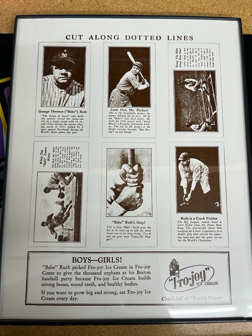 VINTAGE BASEBALL BABE RUTH Fro-Joy Ice Cream Uncut sheet Replica VINTAGE BASEBALL BABE RUTH Fro-Joy Ice Cream Uncut sheet Replica