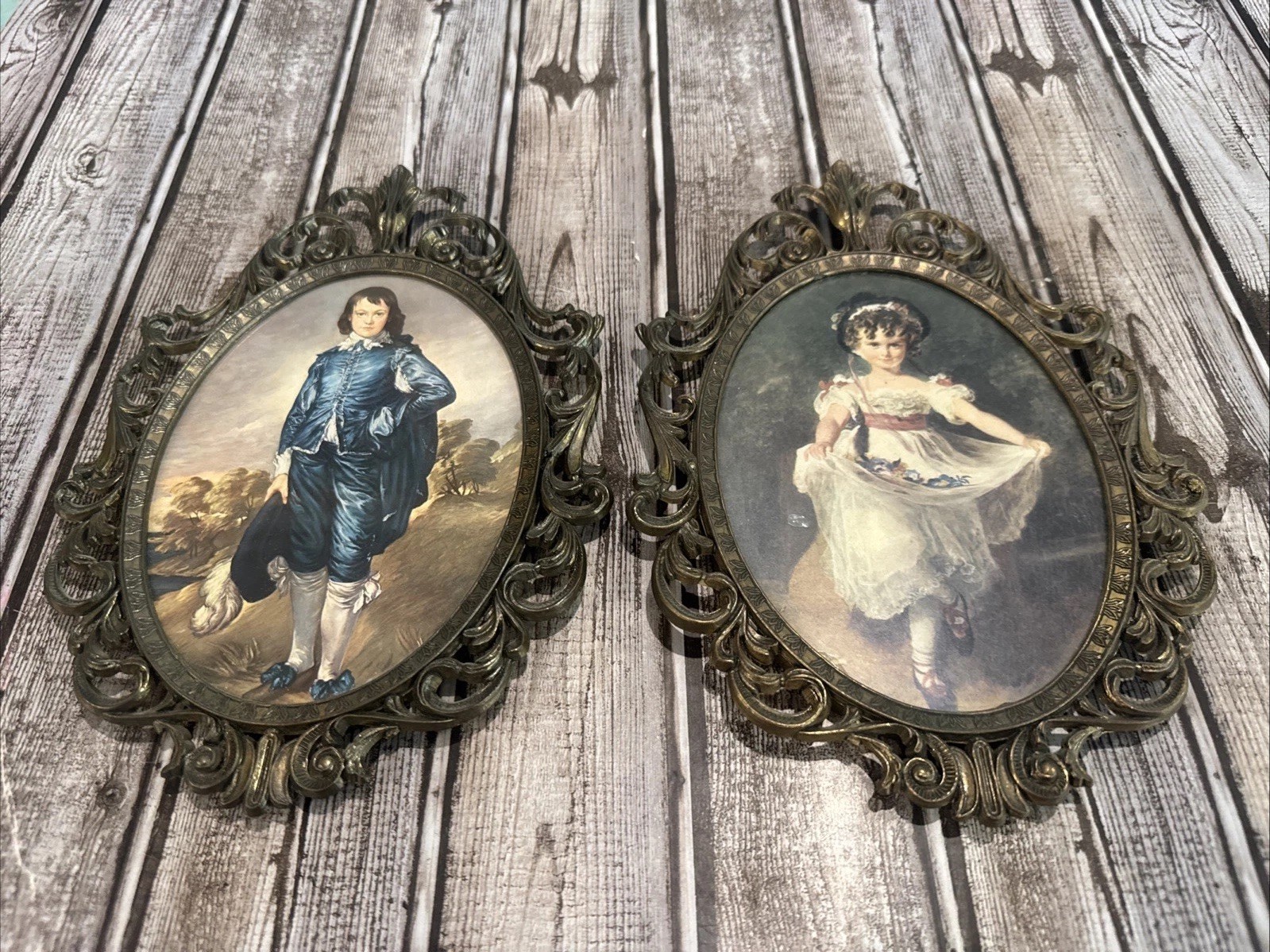 Vintage Blue Boy And Miss Murray in Ornate Brass oval Frames Made In Italy Vintage Blue Boy And Miss Murray in Ornate Brass oval Frames Made In Italy