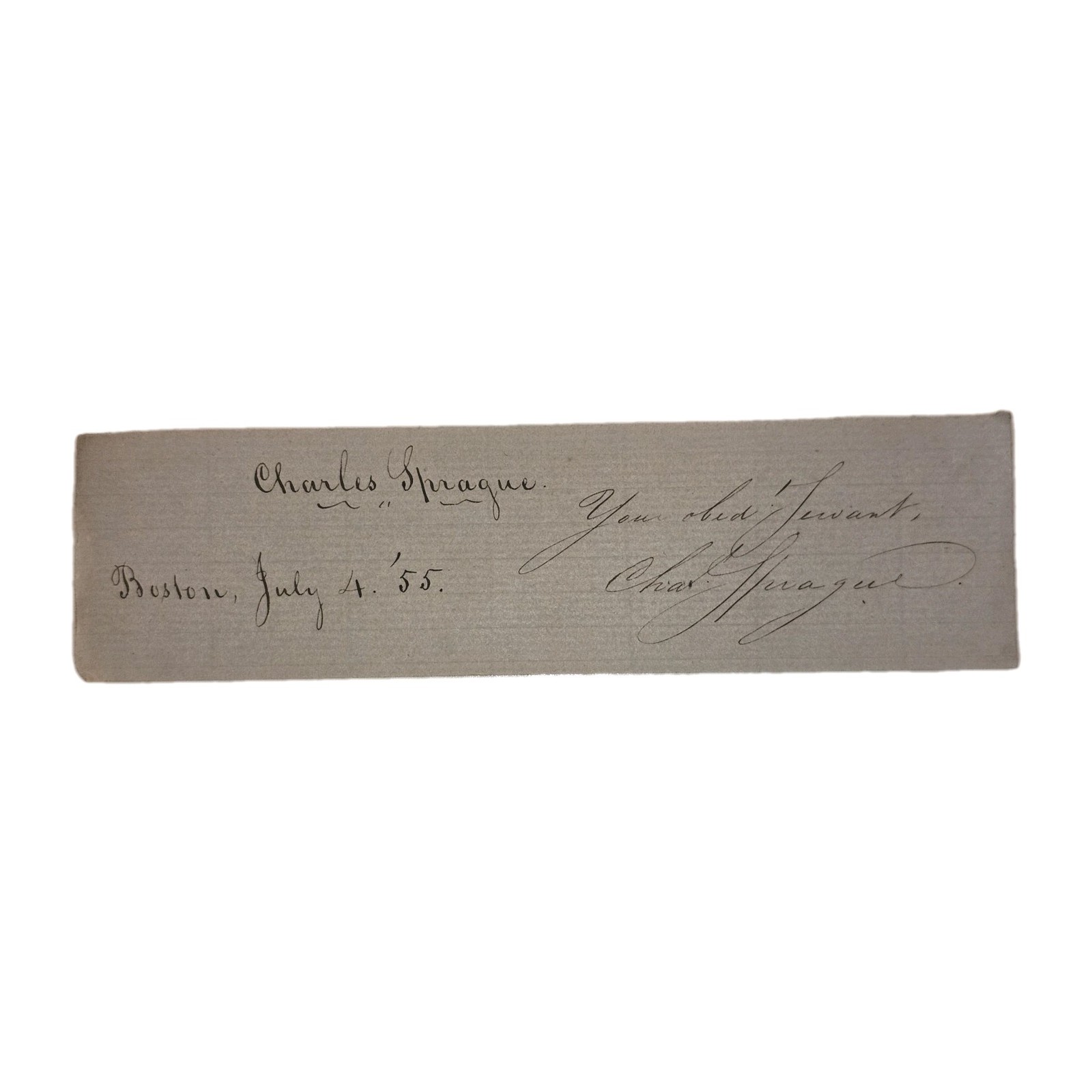 Charles Sprague 1855 Autograph Signed Cut – Boston Poet & Orator, July 4, 1855 Charles Sprague 1855 Autograph Signed Cut – Boston Poet & Orator, July 4, 1855