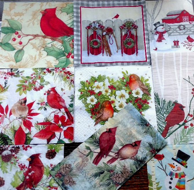 9 GORGEOUS RED BIRD CARDINAL WINTER HOLIDAY THEME Paper Napkins Decoupage BUNDLE