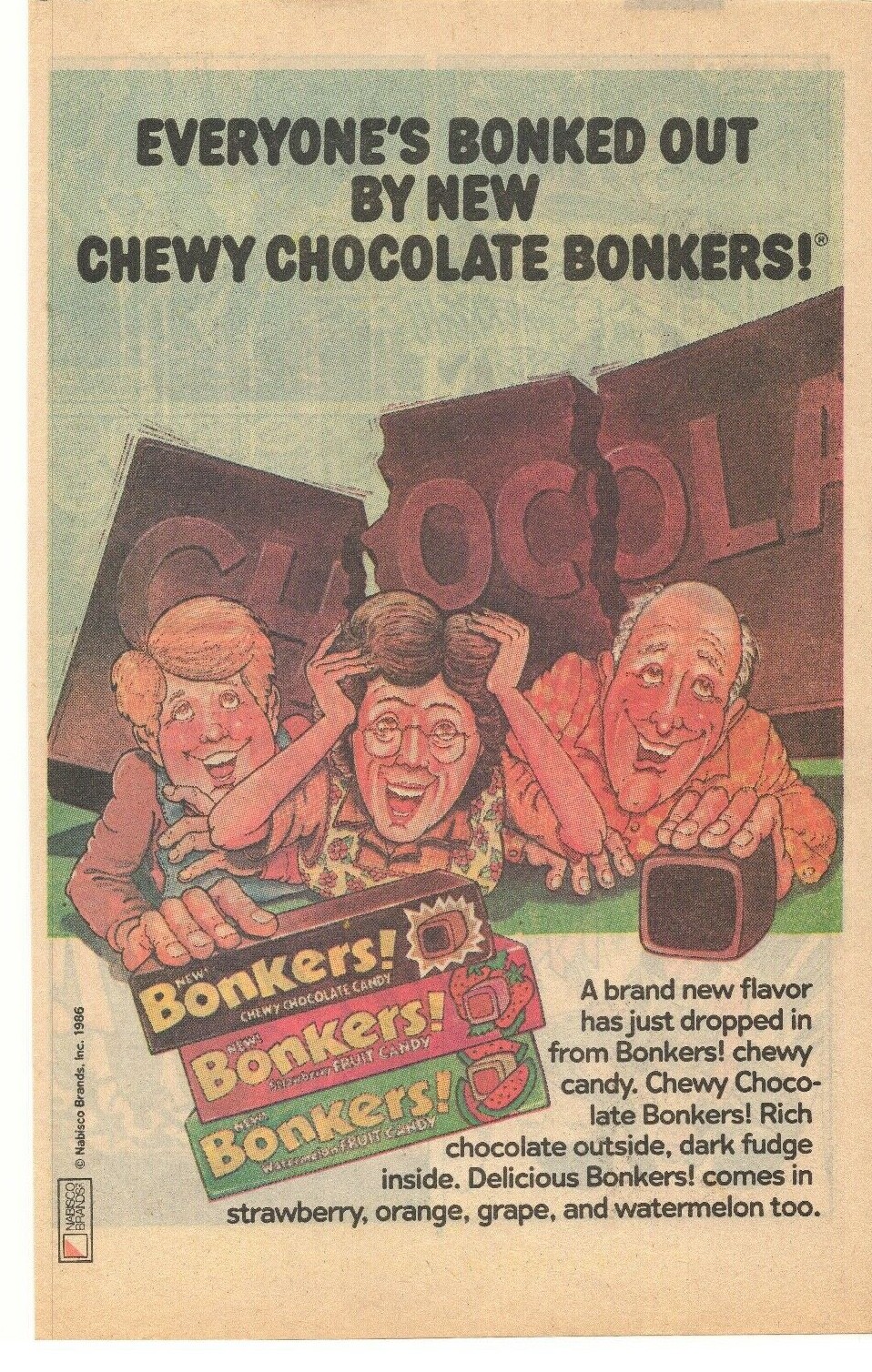 1986 Bonkers Chewy Chocolate Candy Advertisement