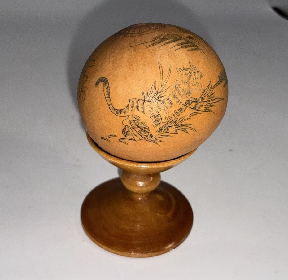 Vintage Chinese Lanzhou Etched Gourd With Tiger Design With Wooden Stand Vintage Chinese Lanzhou Etched Gourd With Tiger Design With Wooden Stand