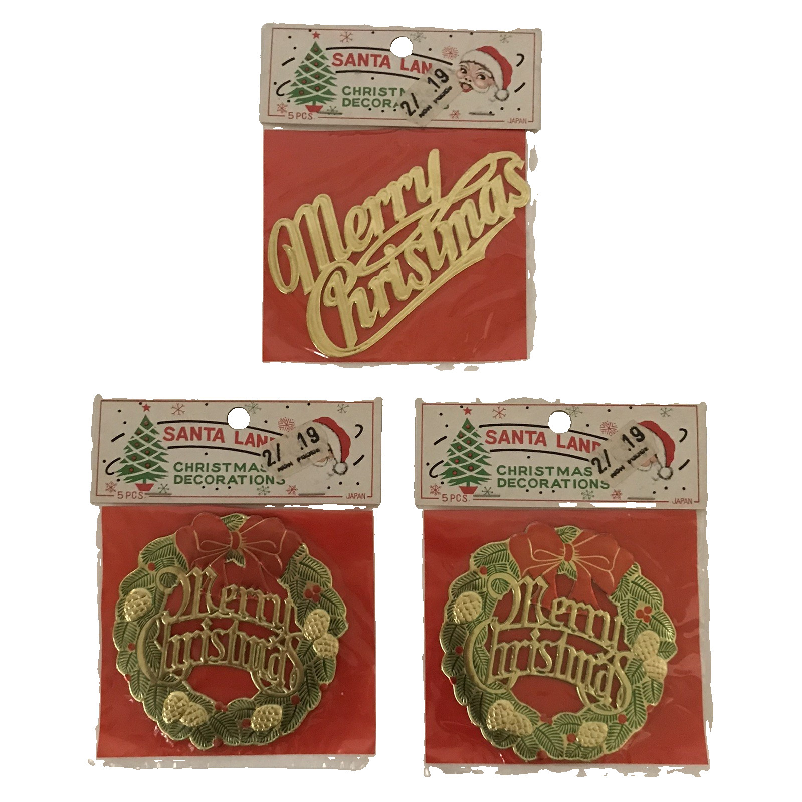 Vtg Lot Santa Land Merry Christmas Gummed Tags Foil Wreath 3 PKGS ( 5/PKG) JAPAN Vtg Lot Santa Land Merry Christmas Gummed Tags Foil Wreath 3 PKGS ( 5/PKG) JAPAN