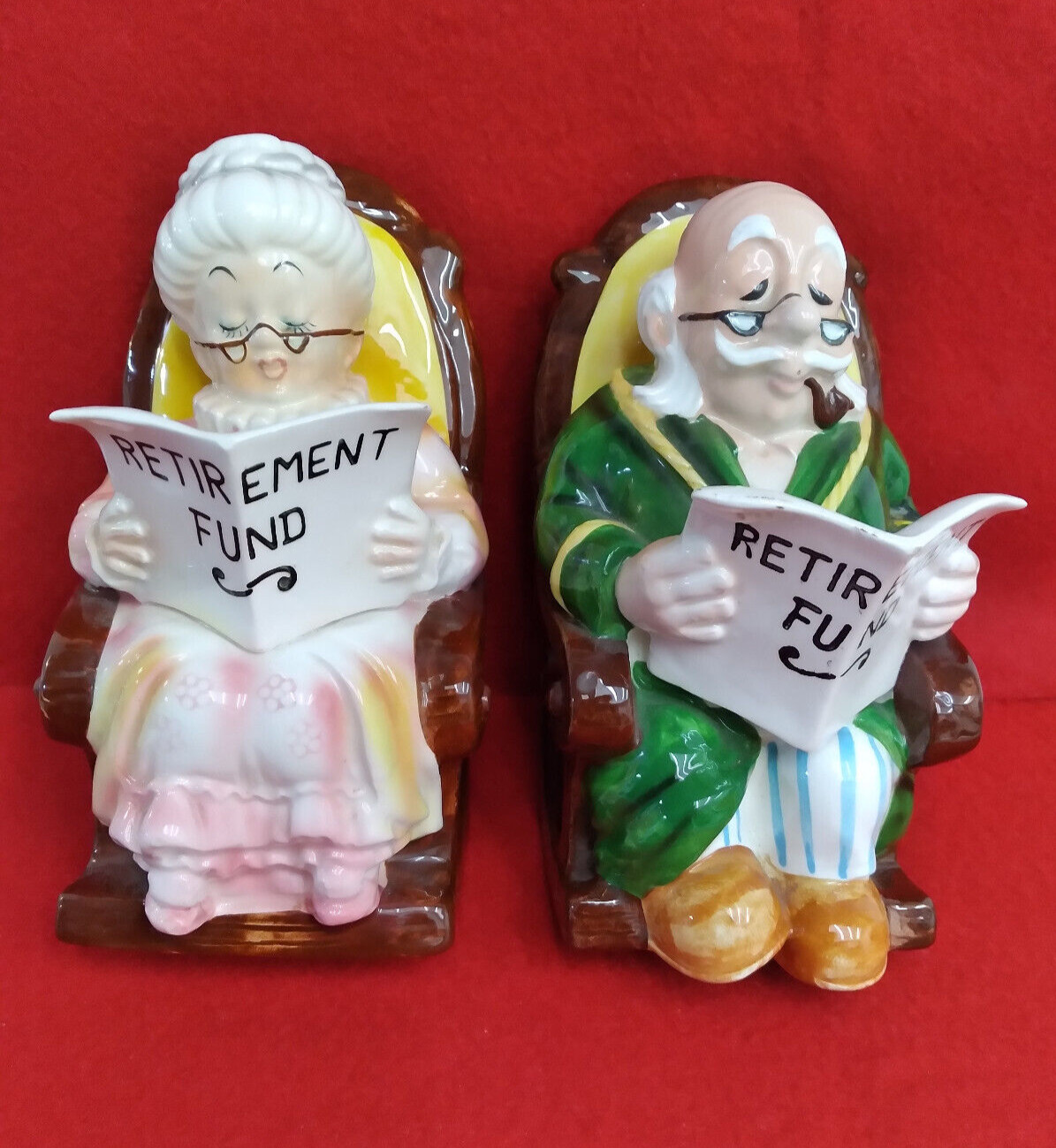 Vintage Lefton Grandpa & Grandma Retirement Fund Rocking Chair Piggy Banks 7