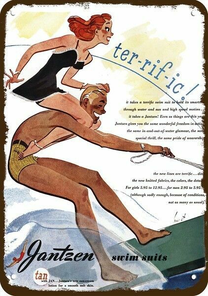 1945 JANTZEN Swim Suit Water Ski Vintage-Look-Edge DECORATIVE REPLICA METAL SIGN 1945 JANTZEN Swim Suit Water Ski Vintage-Look-Edge DECORATIVE REPLICA METAL SIGN