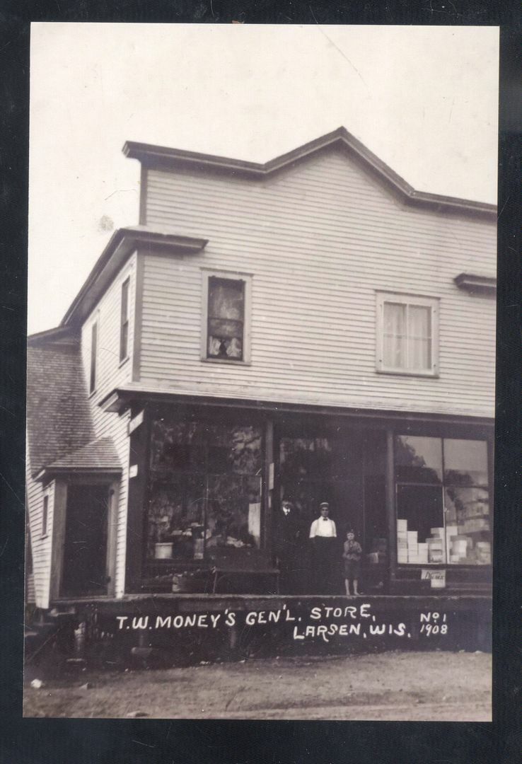 REAL PHOTO LARSEN WISCONSIN GENERAL STORE MONEY\'S ADVERTISING POSTCARD COPY