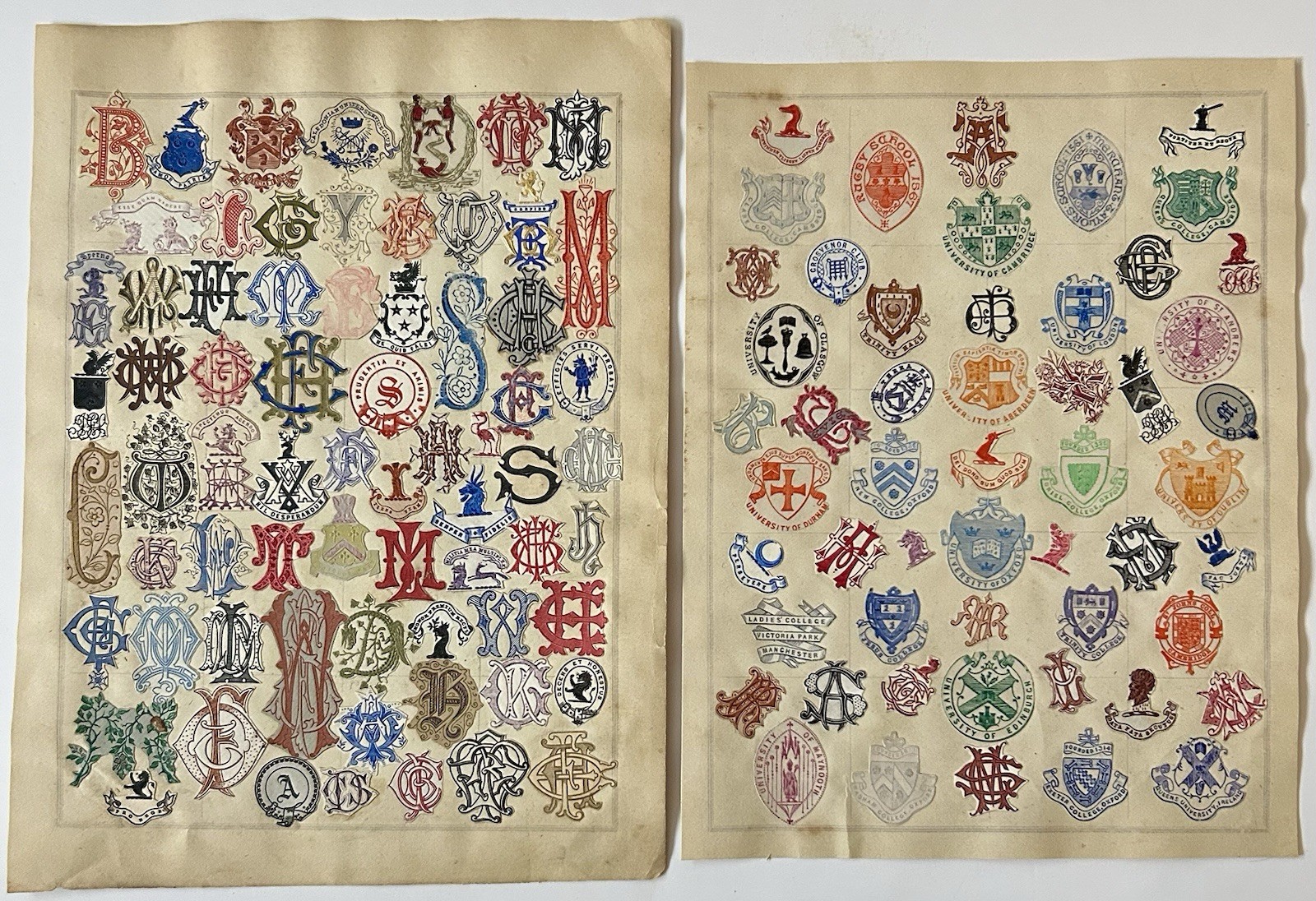 2 Vintage Victorian Crest Monogram Scrap Sheets Antique Ephemera Oxford Rugby