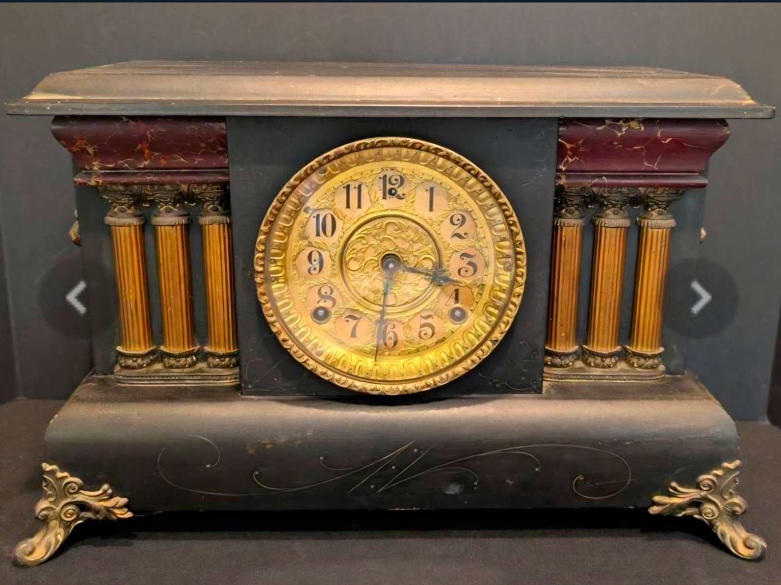 1908 William L. Gilbert Edwardian Era Mantel Clock w/Pilar&Lions  As Is/Untested