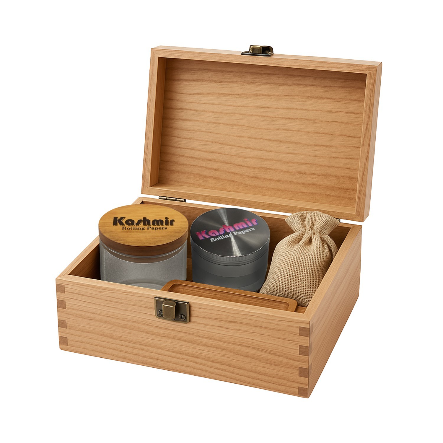 Kashmir Premium Cherry Stash Box Kit with Grinder, Jar, and Rolling Tray