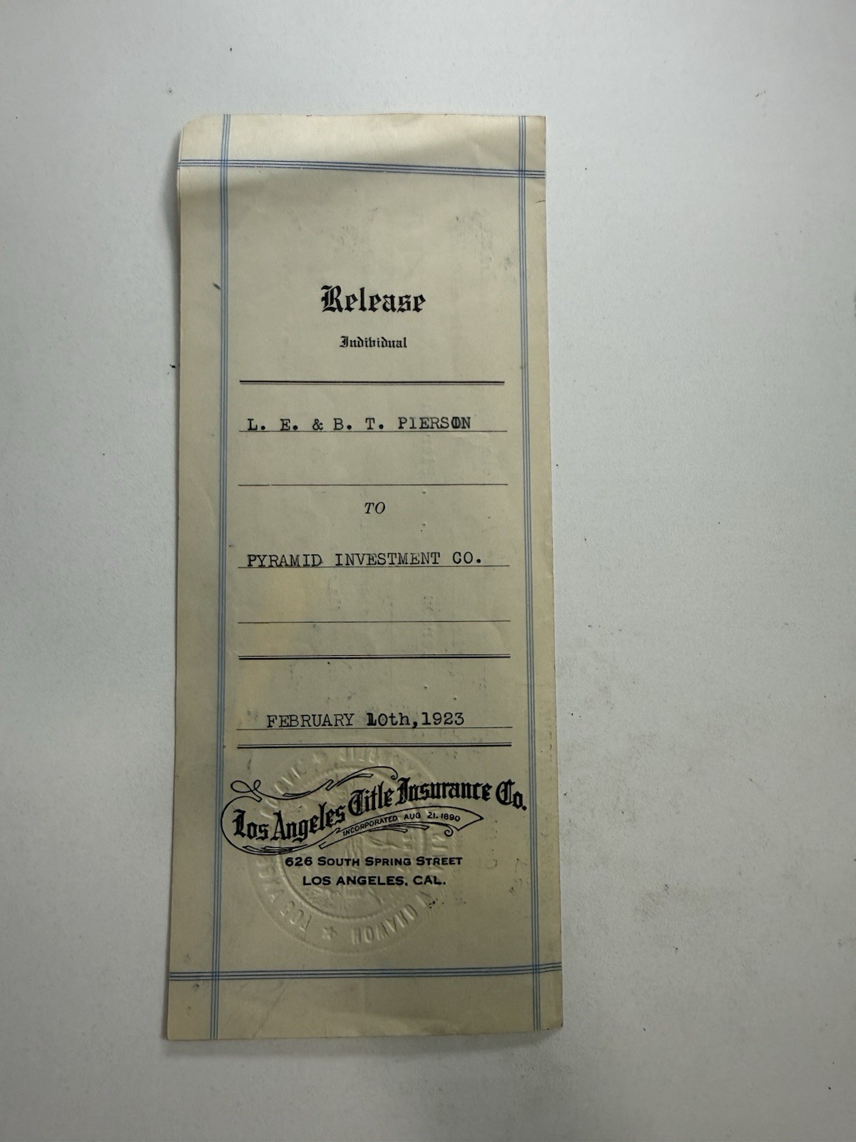 1923 Los Angeles Antique Mortgage Release Document – Historical Ephemera