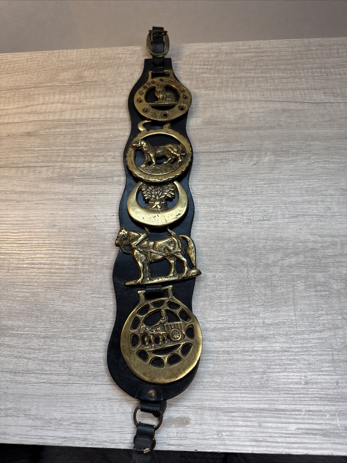 Vintage Horse Brasses Martingale Strap 5 Equestrian Medallions Horse