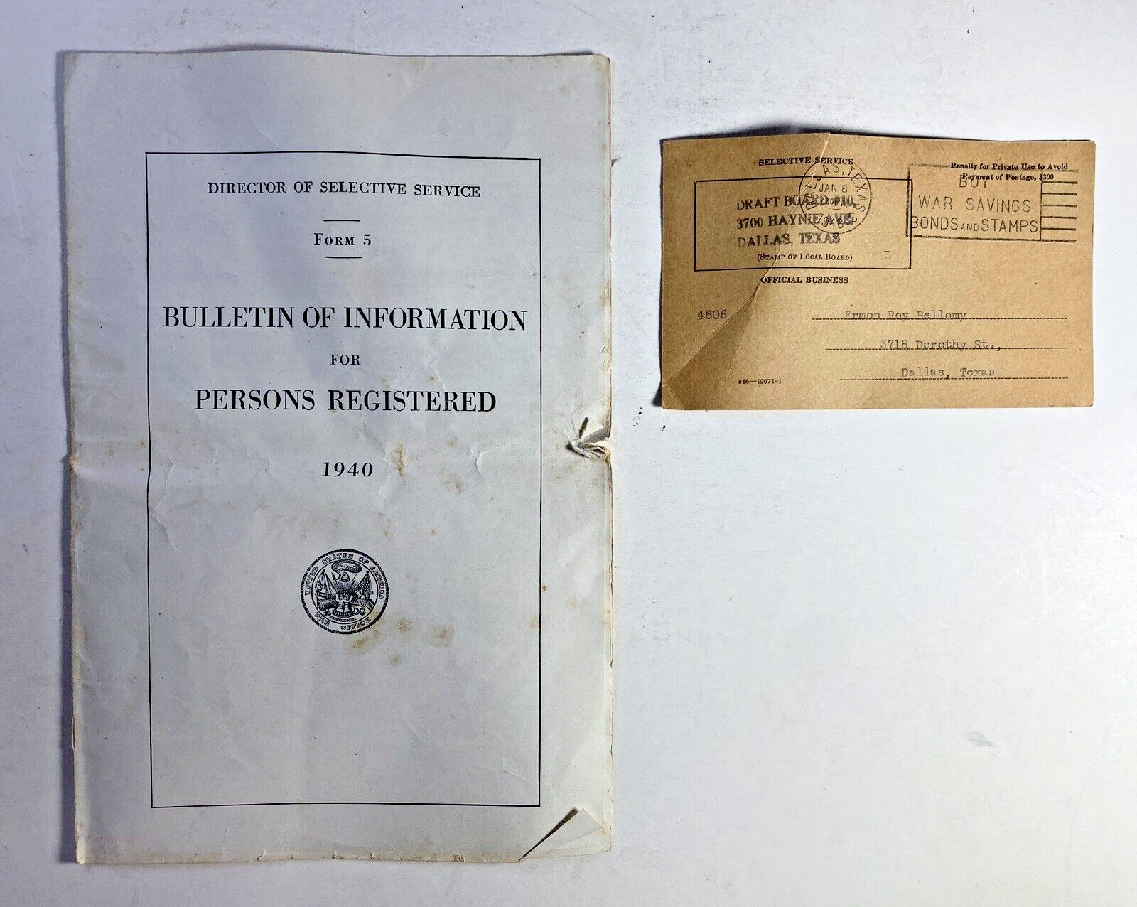 WW2 Bulletin of Info for Persons Regis. / Notice for Physical Exam Draft Card TX WW2 Bulletin of Info for Persons Regis. / Notice for Physical Exam Draft Card TX