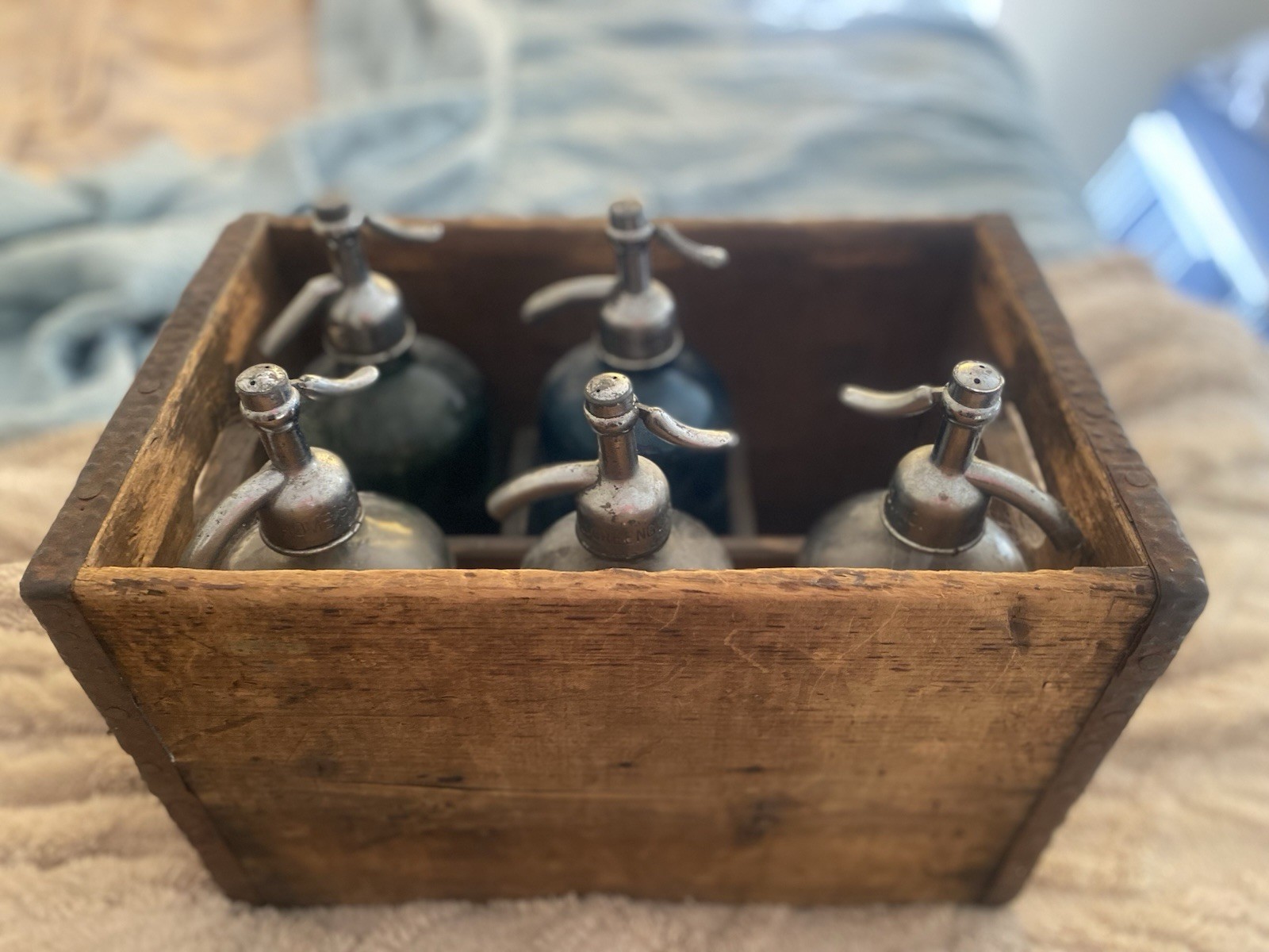 Antique Seltzer Bottles-Quantity of 5 with Wooden Box