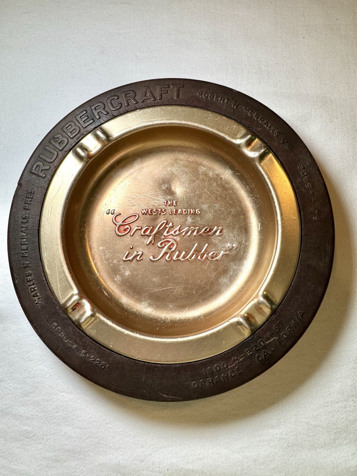 Vintage Rubbercraft Advertising Ashtray Rubber Rim 7” Torrance CA Merralls