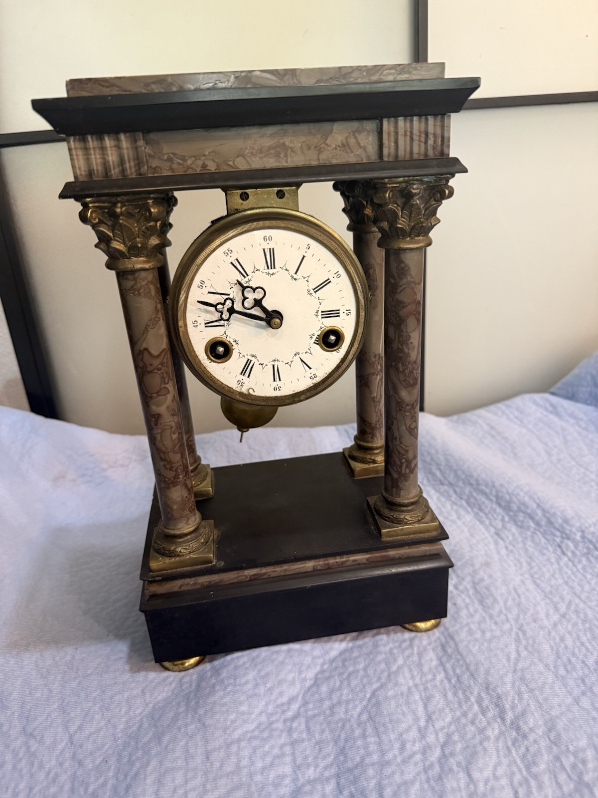 VTG French Empire-Style Four-Column Portico Mantel Clock - Mechanical Bellstrike