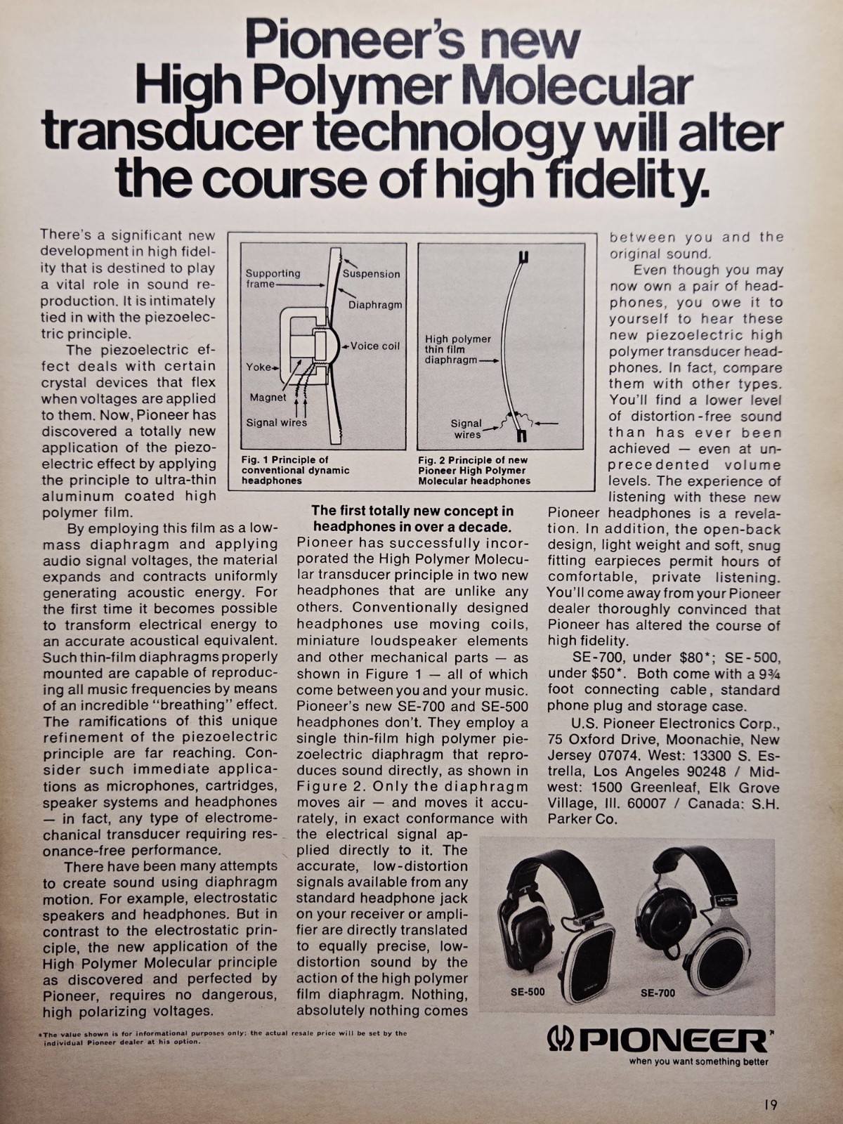 Pioneer Headphones SE-500 SE-700 Elk Grove Village IL Print Ad 1975