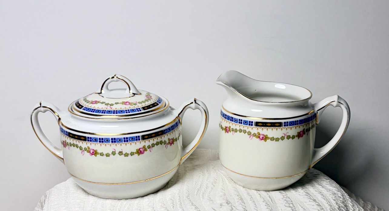 H&C Heinrich Selb Bavaria Sugar Bowl w Lid and Creamer Handles 6373 Vintage