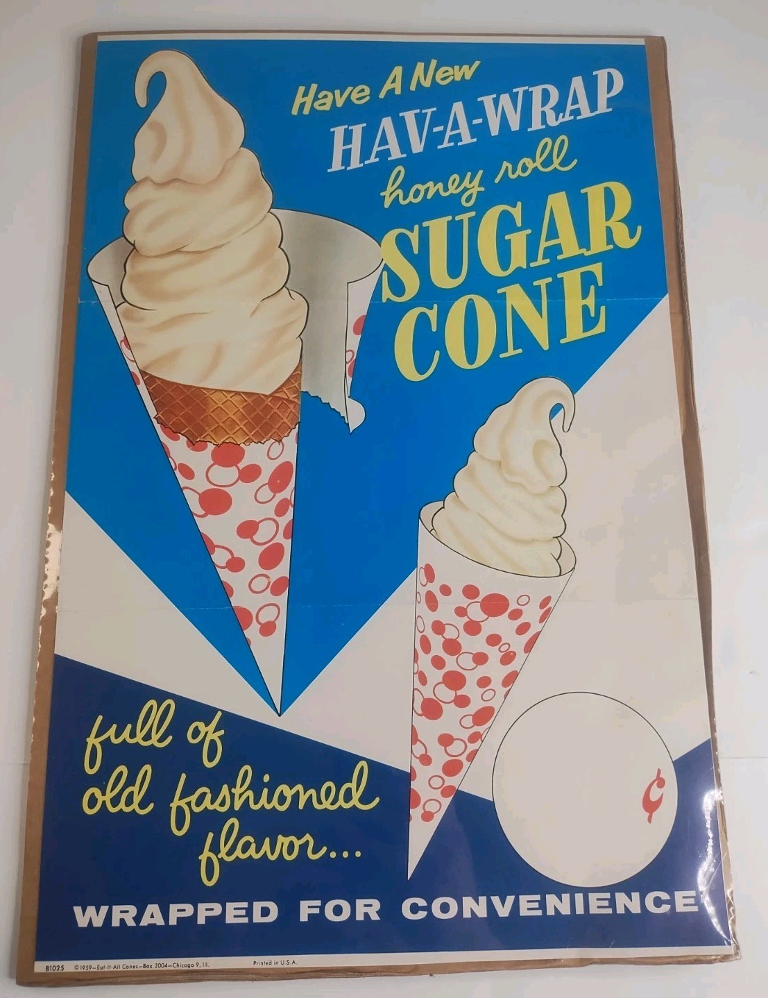 Vintage 1959 Eat-It-All Ice Cream Cone Sign Chicago Hava-Wrap Soda Fountain Vintage 1959 Eat-It-All Ice Cream Cone Sign Chicago Hava-Wrap Soda Fountain