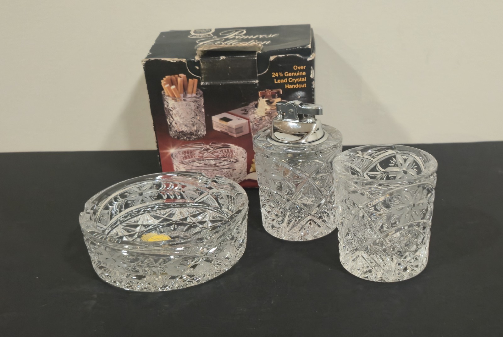 Vintage Imperlux 24% Lead Crystal Smoking Set Ashtray Lighter Holder Box Vintage Imperlux 24% Lead Crystal Smoking Set Ashtray Lighter Holder Box