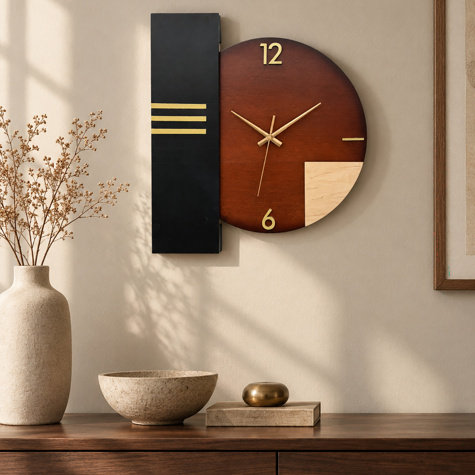 Geometric Wall Clock Mahogany Finish Gold Mid Century Modern Art Deco Handmade