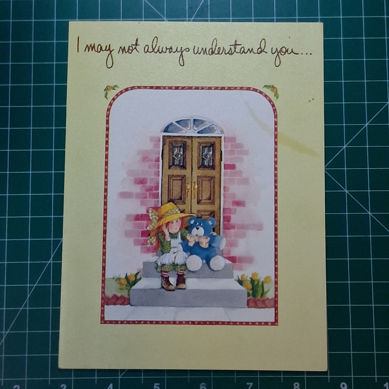 Vintage Cartoon Little Girl and Blue Teddy Bear on Step Greeting Card, USED