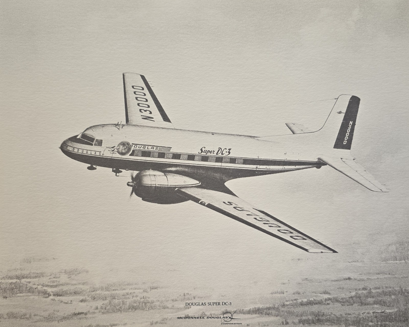 Vintage McDonnell Douglas Super DC-3 Aircraft Aviation Art Print B&W
