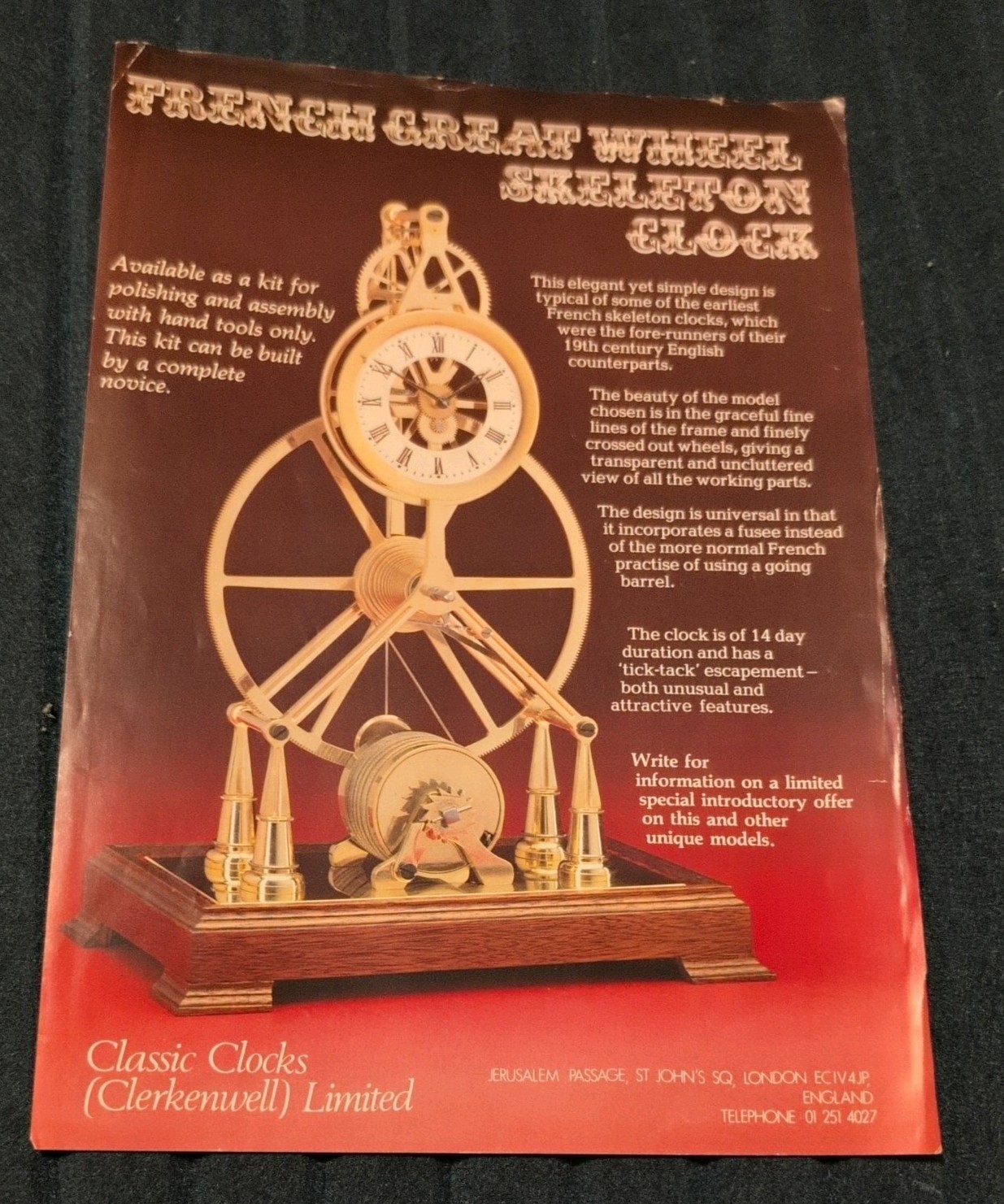 Vintage Clerkenwell French Great Wheel Skeleton Clock Kit Brochure Leaflet