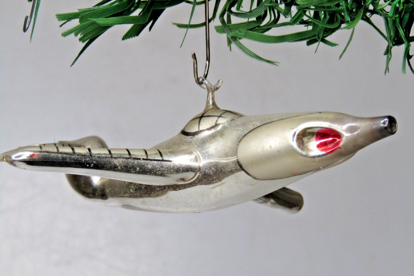 RARE Vintage Blown Glass Fighter JET AIRPLANE Christmas Ornament Carlini Italy