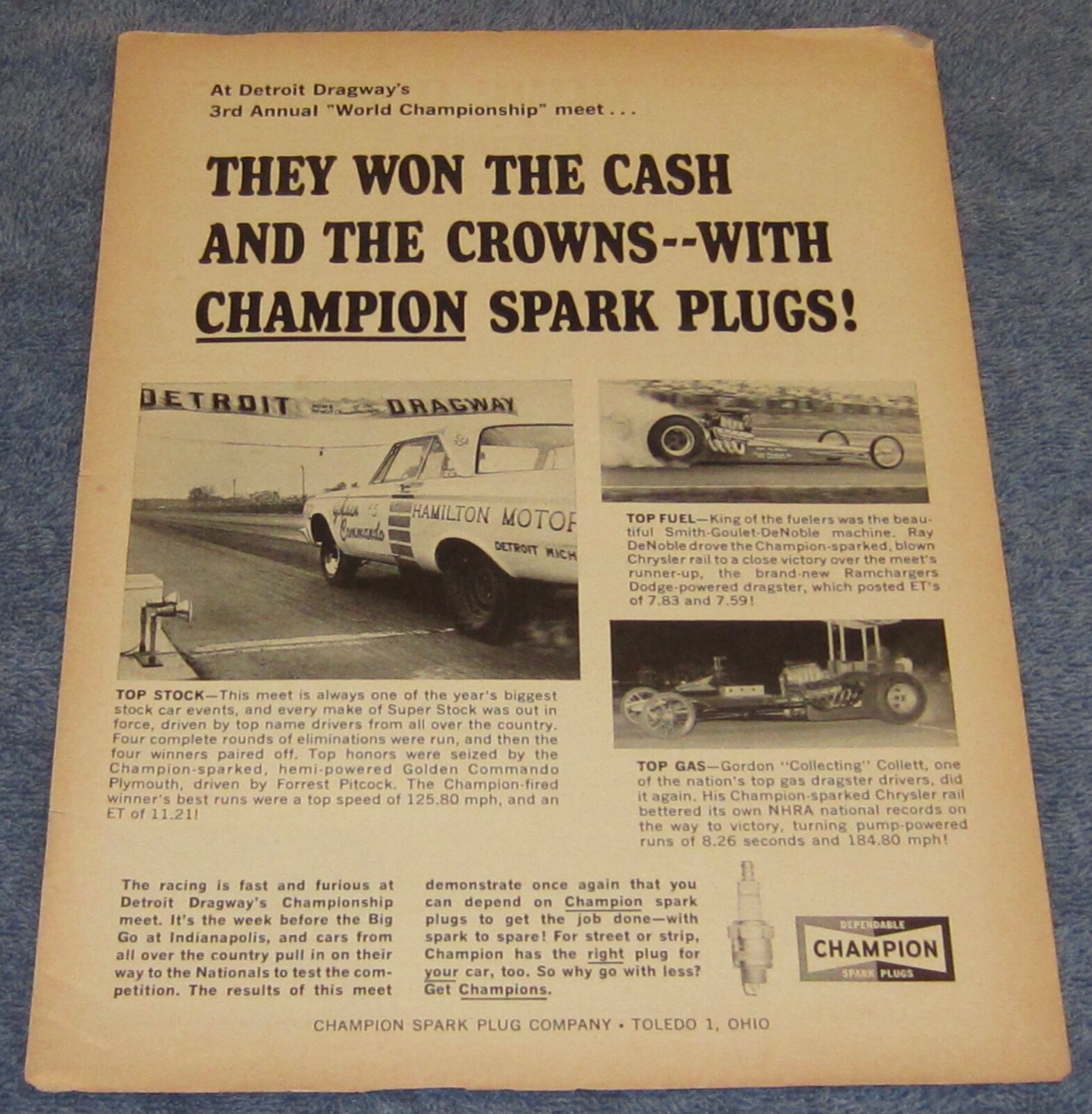 1964 Champion Spark Plugs Vintage Ad Detroit Dragway \