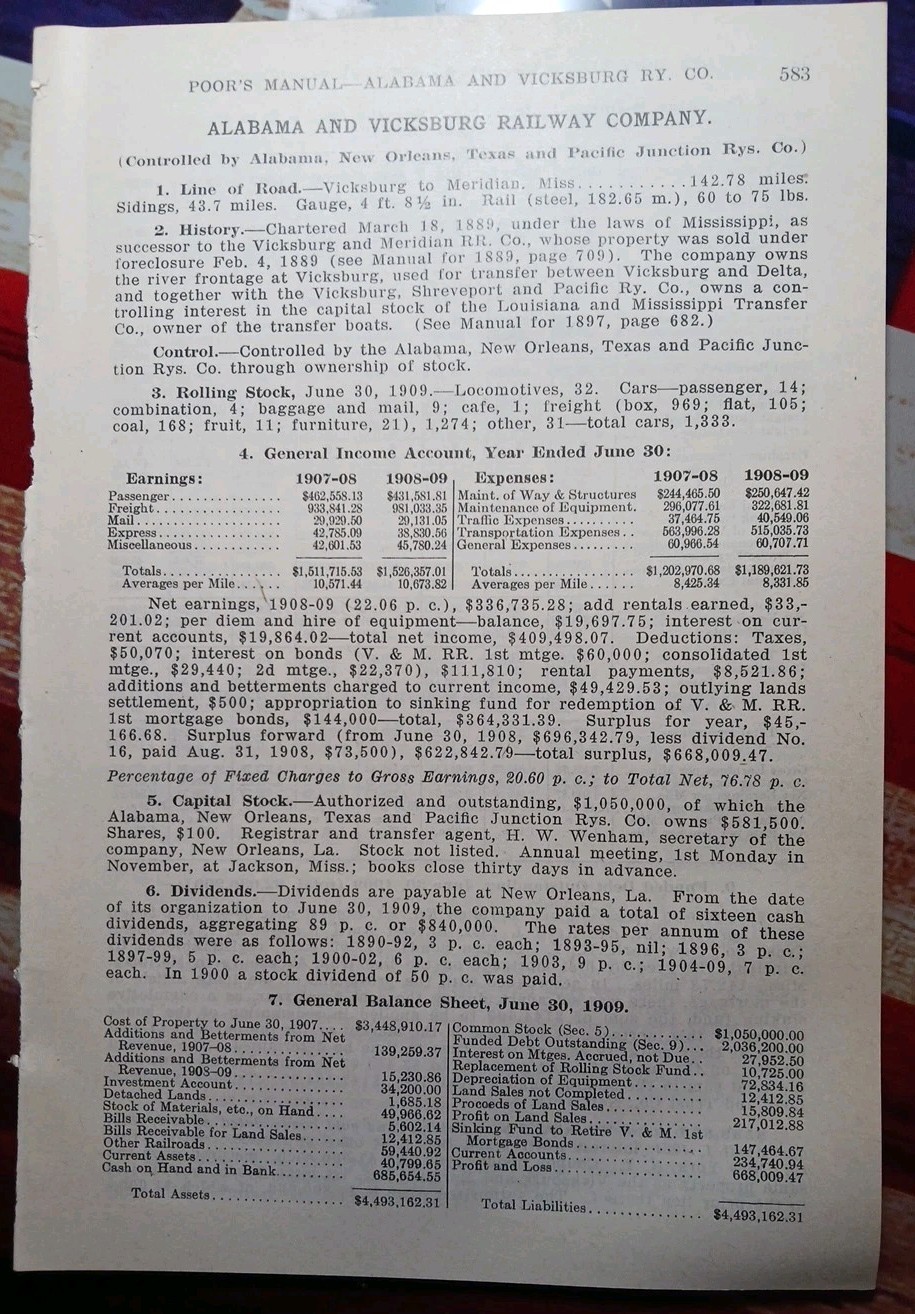 ~1910 Train Report ALABAMA & VICKSBURG RAILWAY Meridian Mississippi RAILROAD 