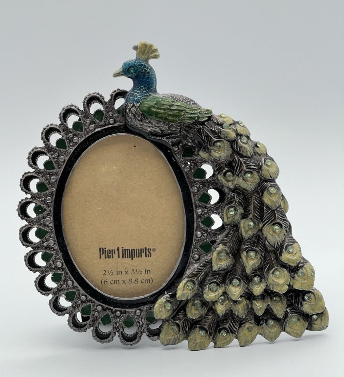 Pier 1 Peacock Picture Frame Jeweled Enamel Metal 2.5x3.5\