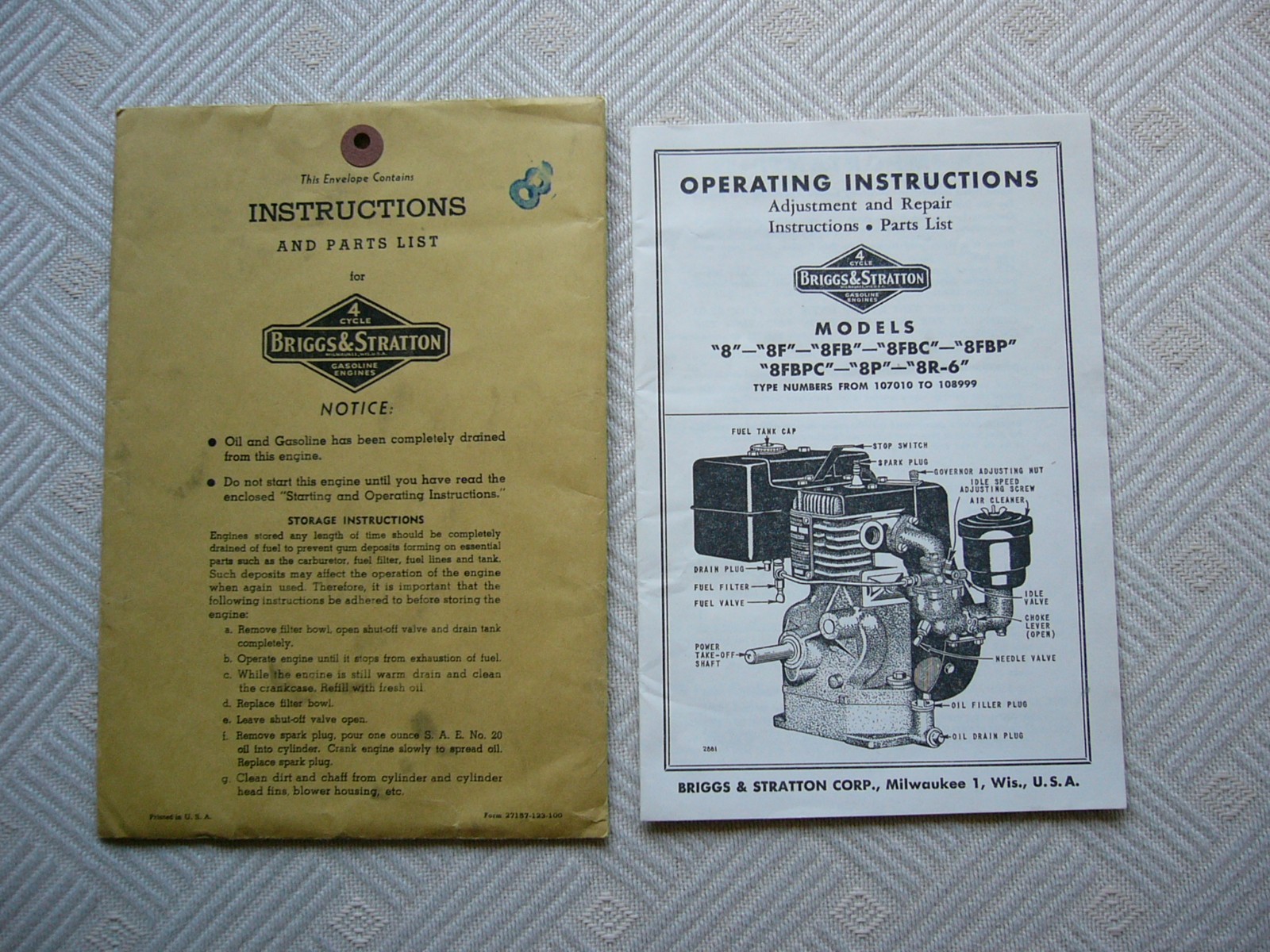 Vtg. Briggs & Stratton Gasoline Engines Operating Instructions & Parts 4 Cycle