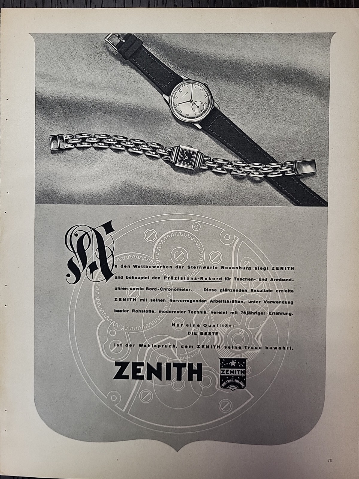 Zenith Swiss Watches 1941 Print Advertising Du World War 2 Luxury German WW2