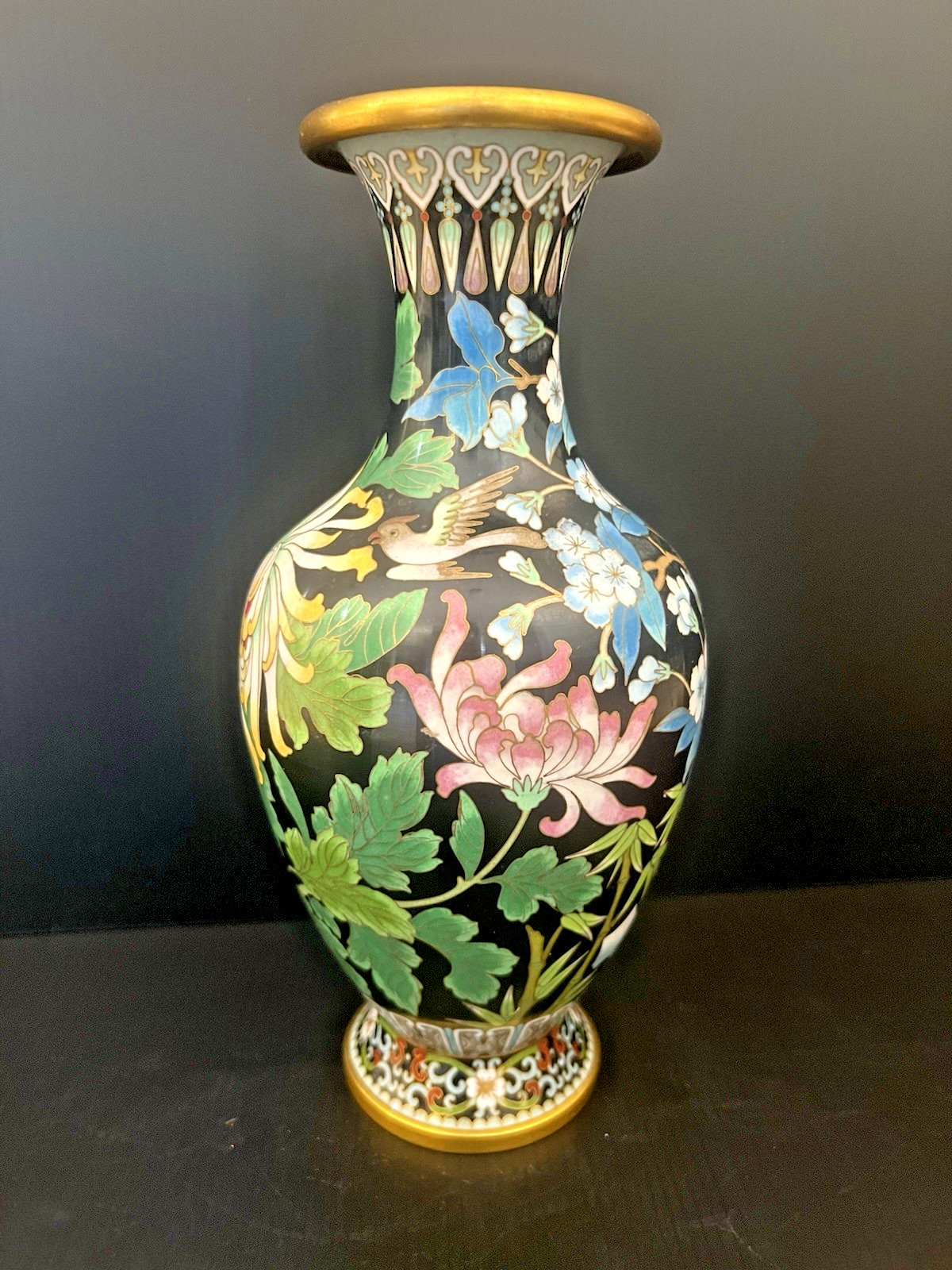 VTG Japanese Cloisonné Vase Black Enamel Brass Hummingbird Floral Vase Japan 10”