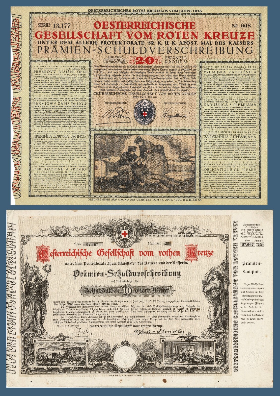 2 Austrian Red Cross Society, Premiums - Bonds, 1882 and 1916 - Foreign Bonds