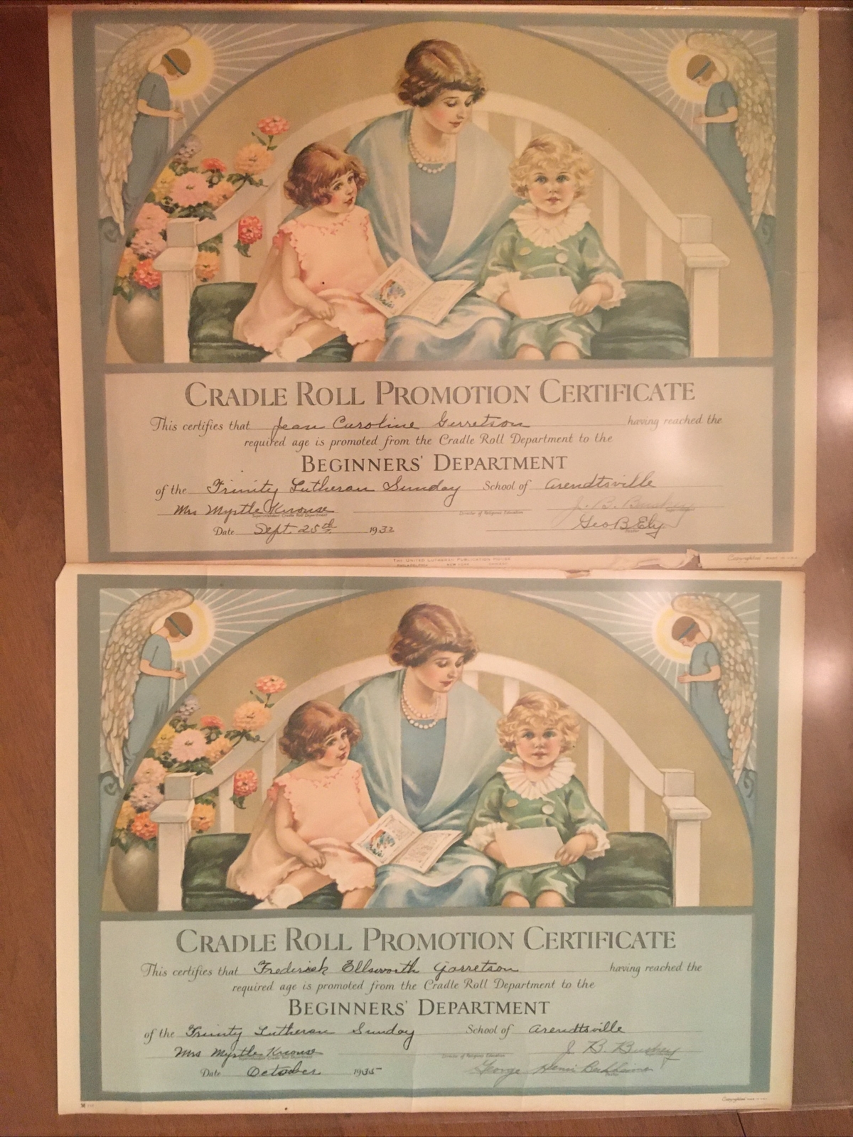 2 Vintage CRADLE ROLL Beginners Lutheran Church Certificates 1932 1935 10x13.5