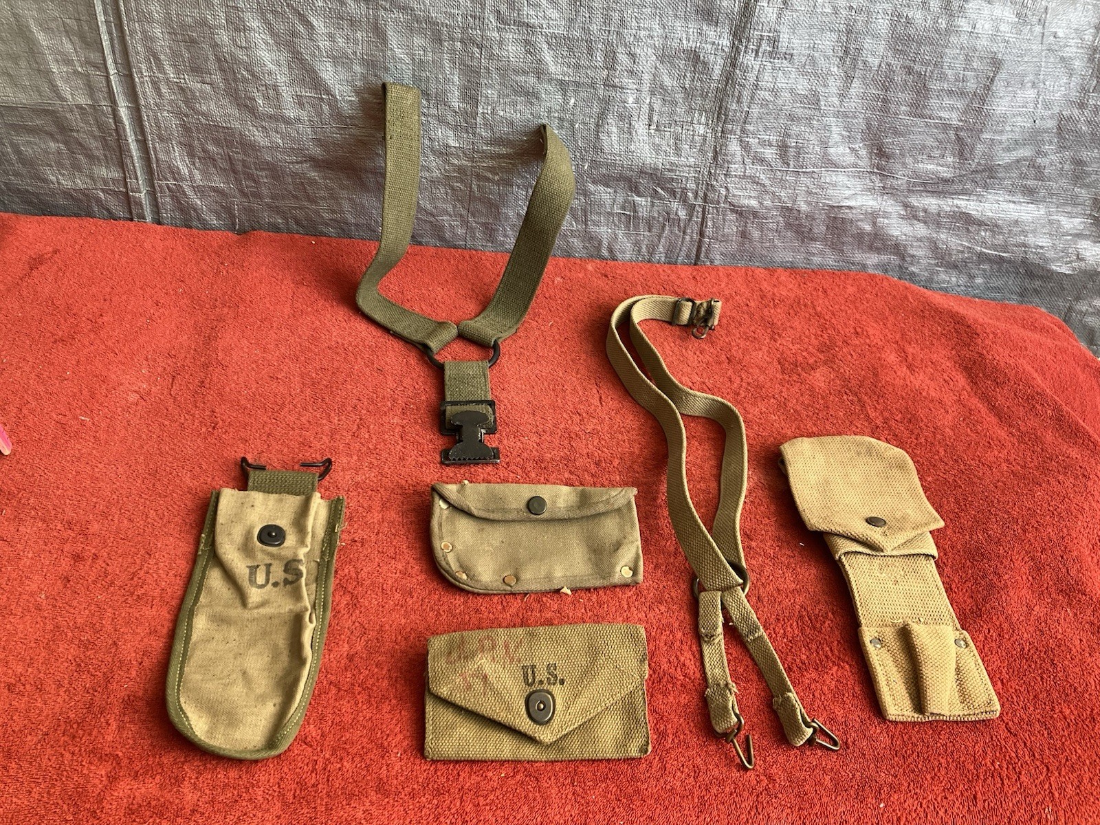 Vintage Mixed Lot Of 6pcs WWll Us Army Military Tool Pouch Suspender Strap